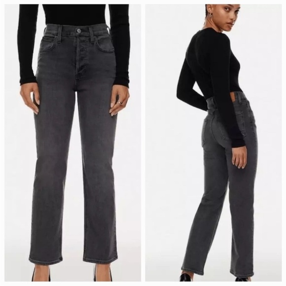 Denim Forum The Arlo High Rise Straight Black Size 29 Distressed Hem Button fly - Picture 2 of 10